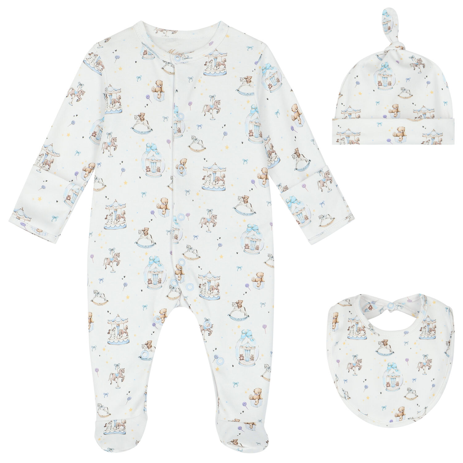 Baby Boys White & Blue Carousel Babygrow Set, 1, hi-res